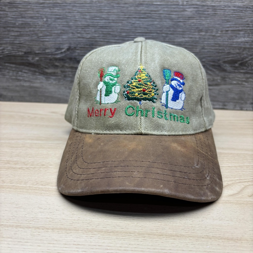 Merry Christmas Snowman Hat Cap Strap Back Mens One Size Green Brown Embroidered